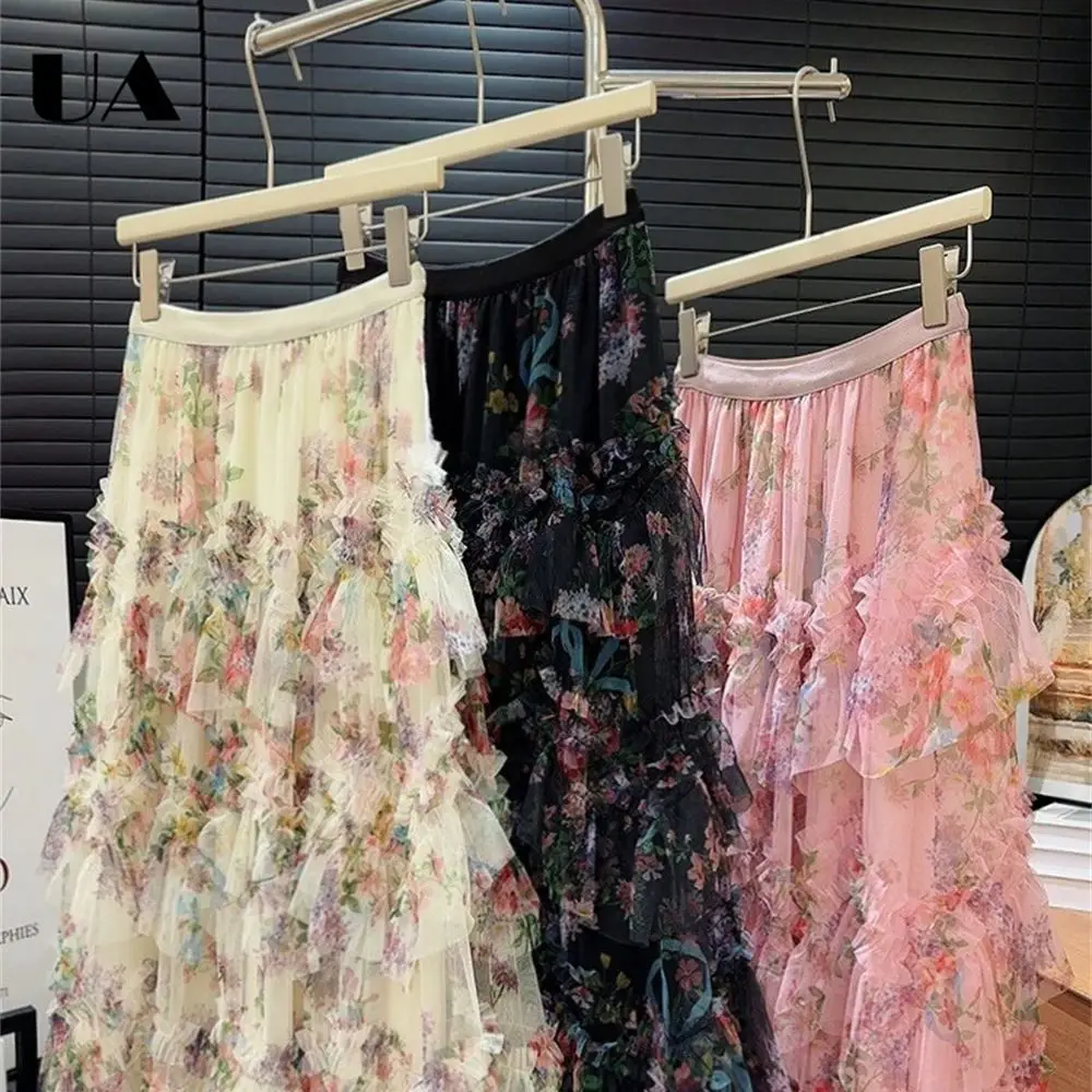 Gonna a rete stampata con giunture Gonne a sbuffo alla moda da donna, gonna floreale alla moda lunga a linea libera per un abbigliamento quotidiano casual