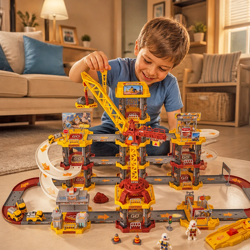 Boy's Engineering Series Rail Car Toy with Suspension Tower, Children's Parking Lot, Suitable for Birthday Gifts (Random Color)