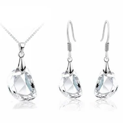 Factory Price 925 Sterling Silver Pendants&Necklaces Drop Earrings Clear Crystals Jewelry Set For Women Party Accessory