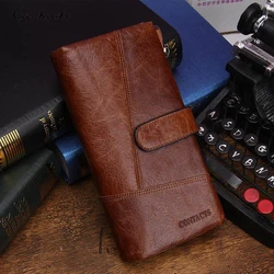 CONTACT'S Genuine Leather Men wallet Long Vintage Bifold Men's Wallet Zipper Coin Purses Card Holders Money Clips Handbags