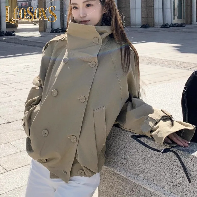 

LEOSOXS Women’s Short Trench Coat Lapel Collar Double Breasted Waist Cinch Adjustable Sleeves For Stylish Daily Outdoor Wear