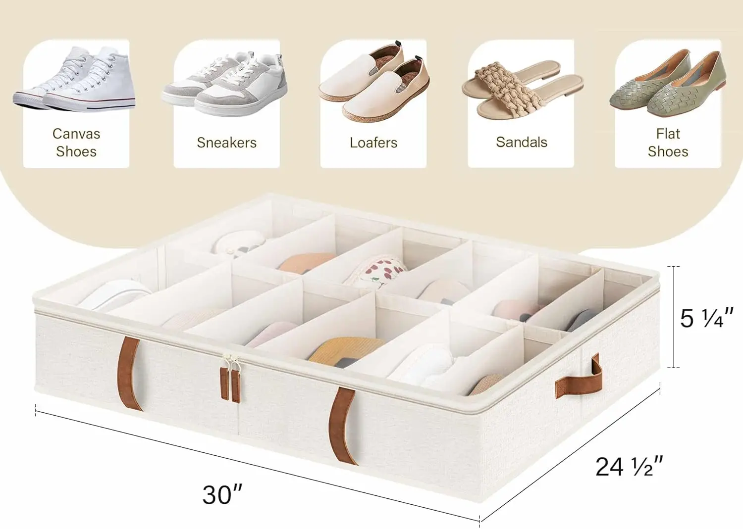 Under Bed Shoe  Organizer, Underbed Shoes Container with Adjustable Dividers, Shoe  Basket with Cover, Beige, 2-Pack, Space-Savi