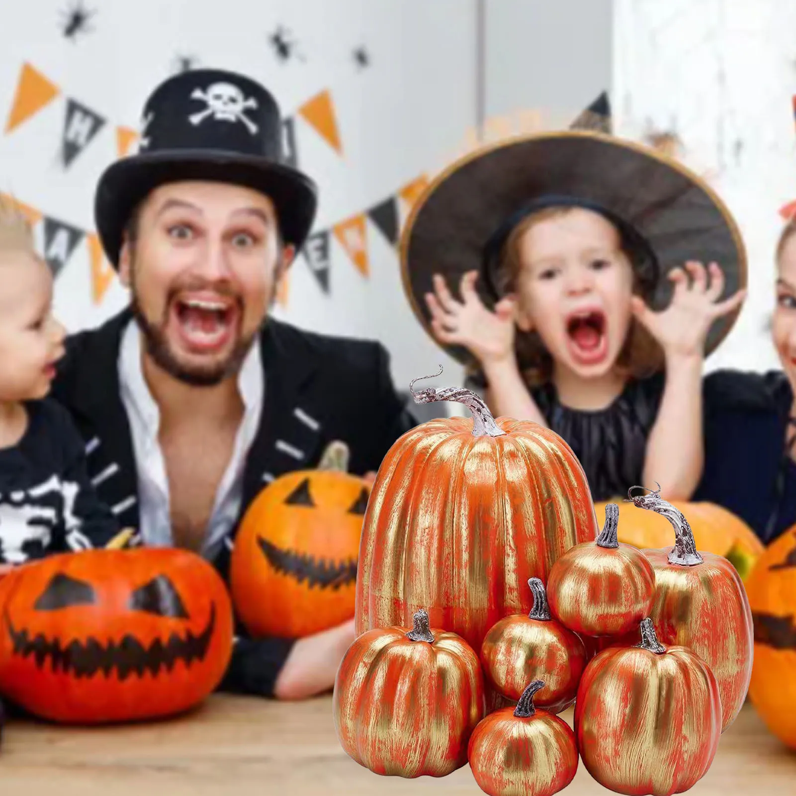 Reusable Lightweight Foam Pumpkin Set 7pcs - Glossy Red Gold Simulated Prop for Home Decoration