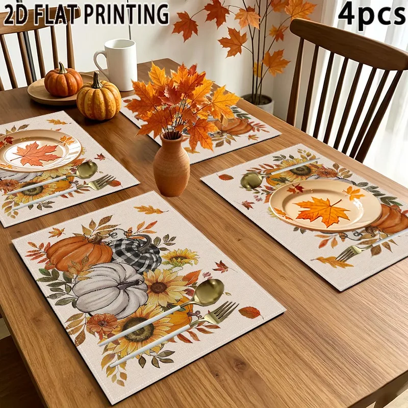 Hello Fall Placemats Table Mat Autumn Maple Leaf Branch Print For Dining Table Decor Harvest Season Home Accessories 4/6/8pcs