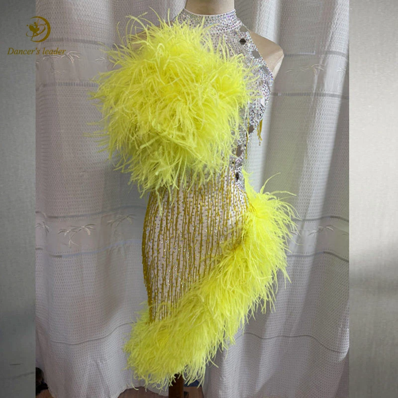 Robe de performance haut de gamme personnalisée pour danseuses latines adultes et enfants, ornée de perles, de plumes et de pierres AB, pour Cha-cha et Samba