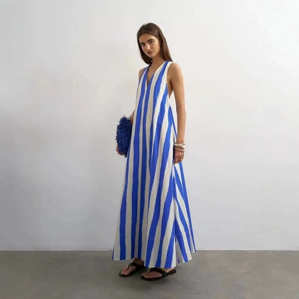 Summer Striped V Neck Mini Dress Sleeveless Casual Dresses Jumpsuit Playsuit Tunic