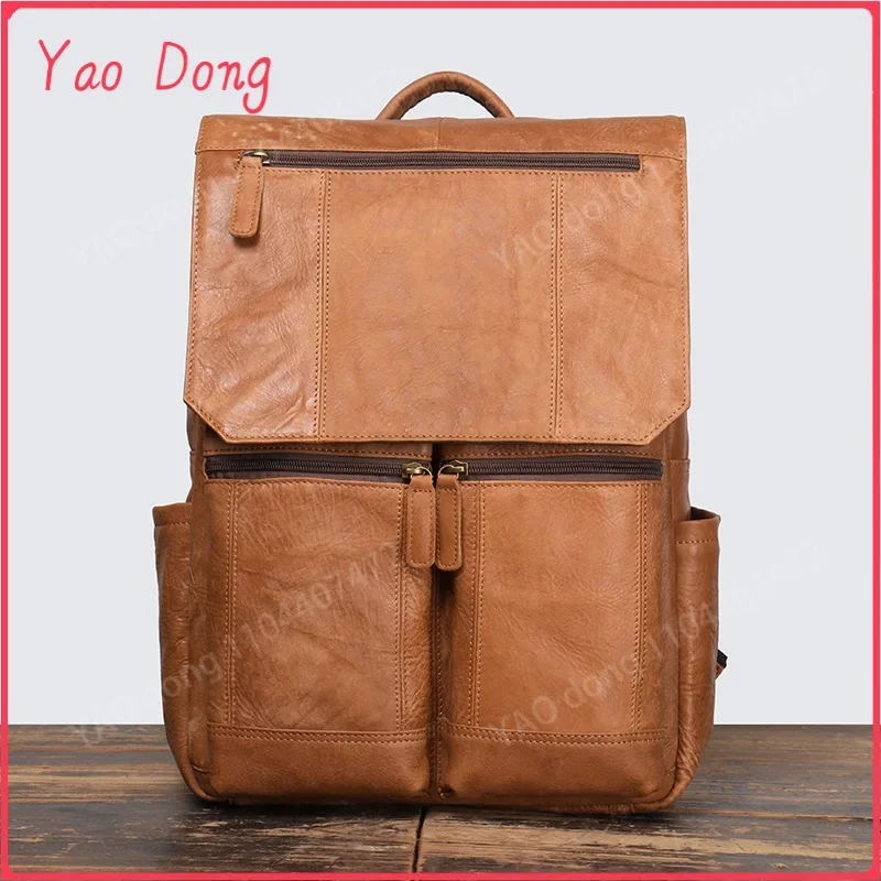 Yao Dong Leather Backpack Large Capacity Schoolbag Natural Cowhide Leisure Satchel Bag Men's Travel Backpack for 14 Inch Laptop