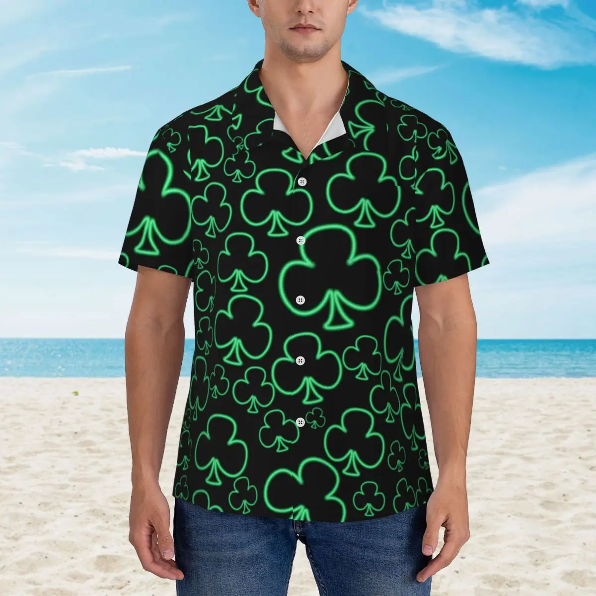 

Крутая неоновая рубашка Shamrock для отпуска, мужские повседневные рубашки с принтом листьев, гавайская винтажная гавайская рубашка с коротким рукавом, фотосессия, подарок на день рождения