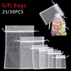 25/50Pcs White Drawstring Pocket Drawable Candy Pouches Organza Gauze Sachet Gift Bags Jewelry Packing Christmas Party Supply