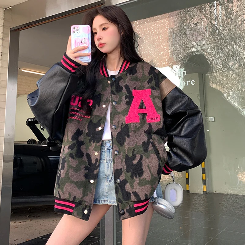 Kurtki baseballowe z literą M damskie wygodne kontrastowe z przeszyciami młodzieżowe ze skóry bydlęcej w stylu cargo petite casual ocieplane sportowe