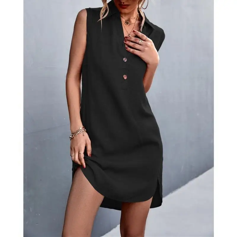 652F Prosta sukienka z dekoltem w szpic dla kobiet Sukienka z guzikami z przodu na wakacje Casualowa sukienka bez rękawów