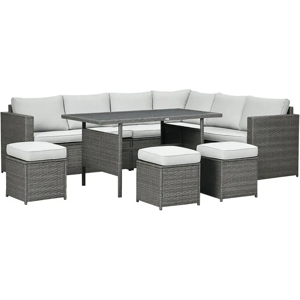L-Shaped Rattan Outdoor Patio Sectional Sofa Set with Loveseats, Ottomans, Dining Table, Cushions, Storage, Mixed Gray