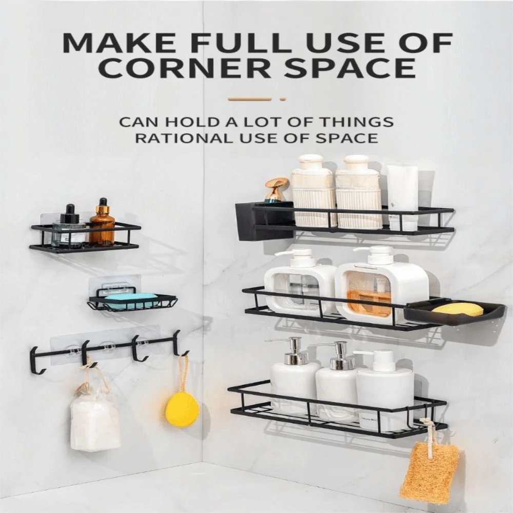 6 Pack Large Capacity Shower Storage Racks Self Adhesive Black Bathroom Shelves No Drilling Bathroom Organizer Wall Storage