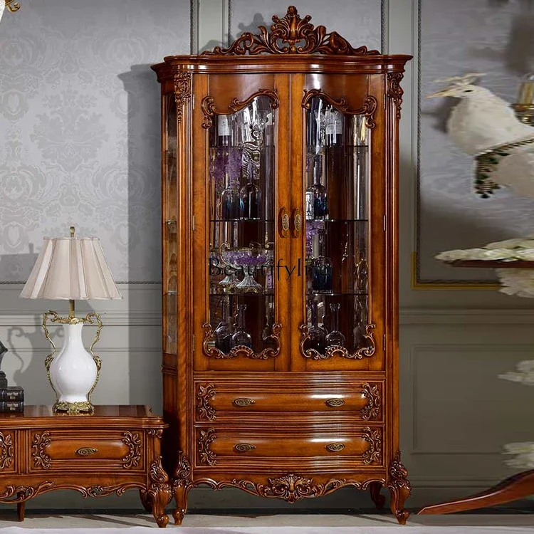 

American rural carved display cabinet European two-door single-door glass door wine cabinet