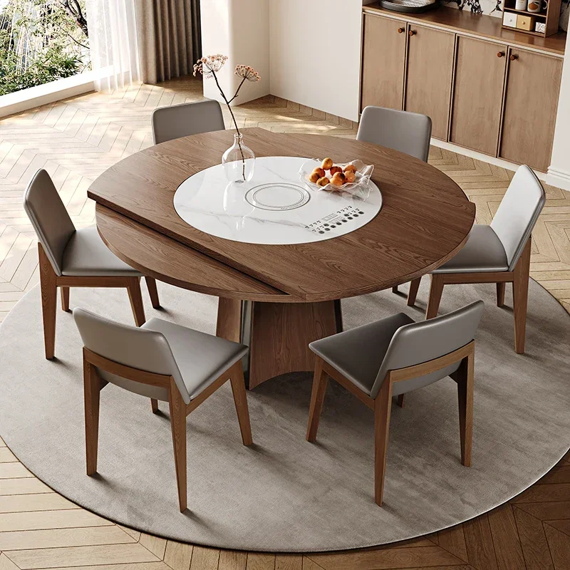 Retro solid wood dining table embedded induction cooker turntable household small apartment modern simple folding walnut round