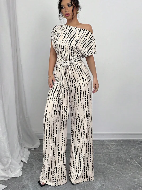 

Ele Casual Print Spot Belted Waist Side Ne Open oulder Tee Quarter Sve Loose Wide Leg Floor Length Jumpsuit Women