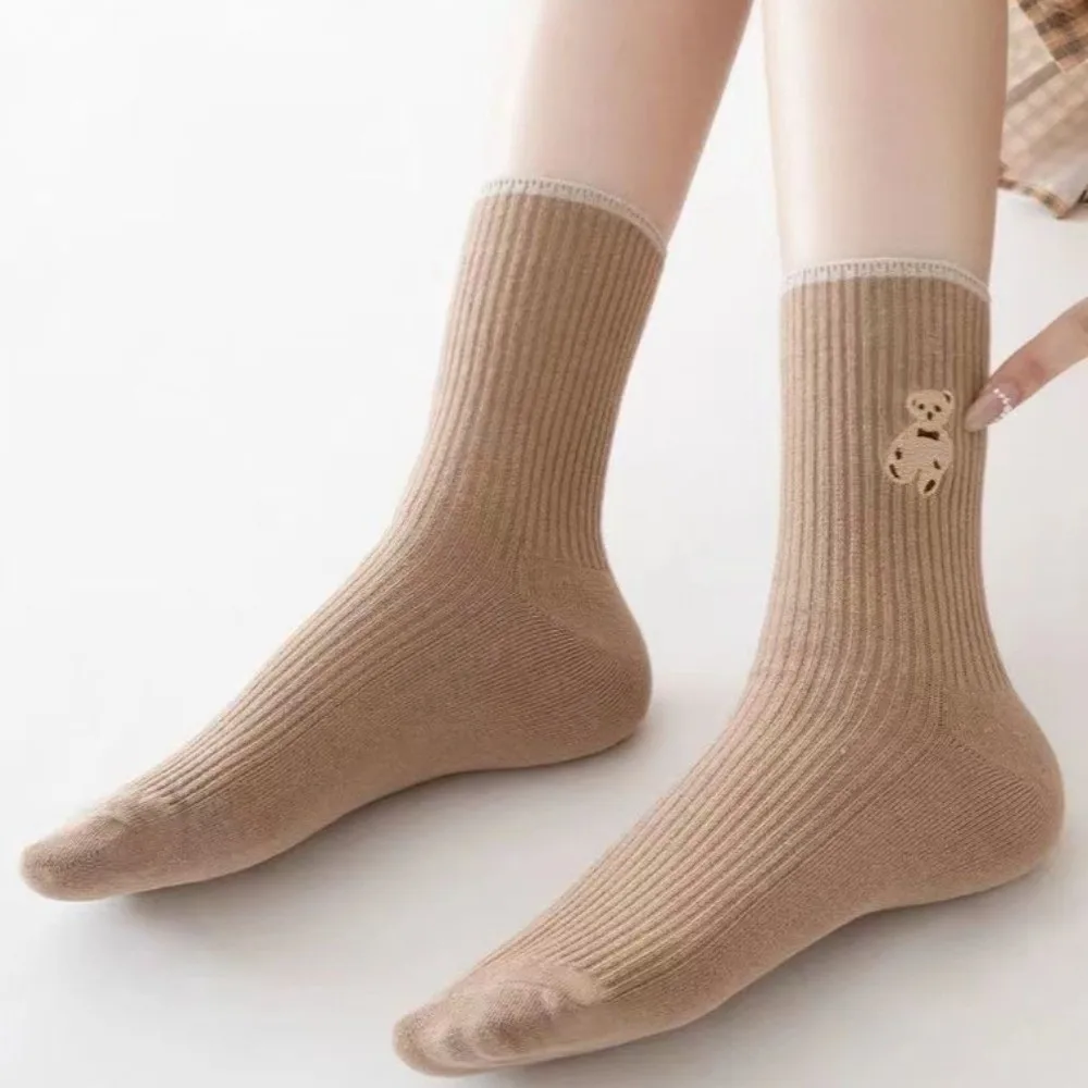 10Pairs Creative Cartoon Tube Socks Women Breathable Harajuku Cute Bear Socks Stripe Hosiery Mid-Calf Socks Girl