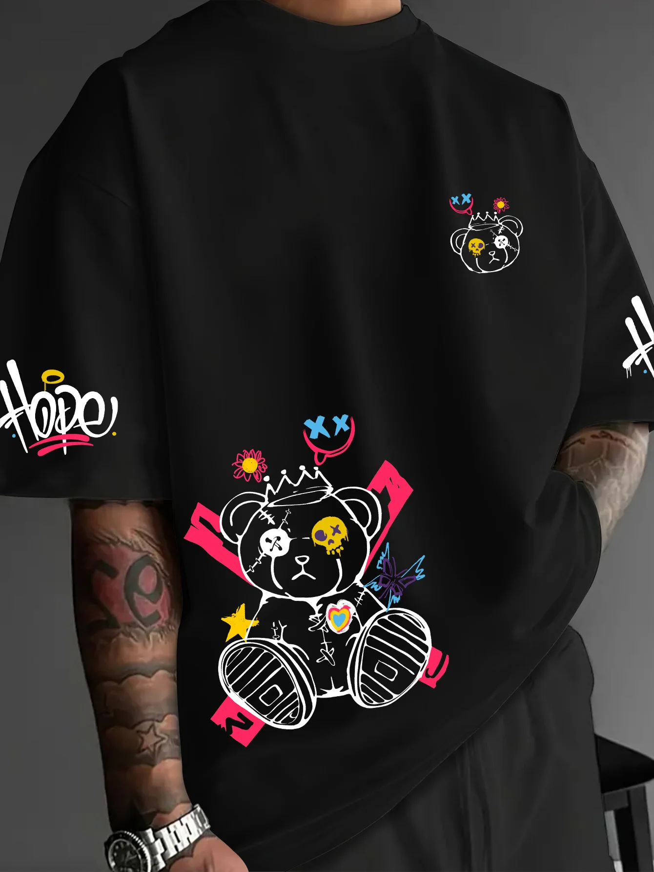 Men Streetwear T‑Shirt Graffiti Bear Multi‑Position Print Short Sleeve Crew Neck Hip‑Hop Casual Tee Tops
