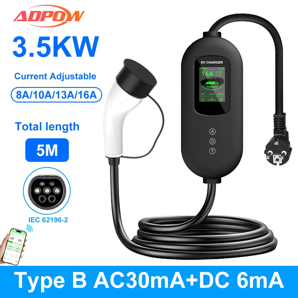 

ADPOW D8 Pro 16A Type 2 EV Charger 1Phase 3.5KW 5M Cable Type B AC Wallbox EVSE Current Adjustable EV Charging Accessories