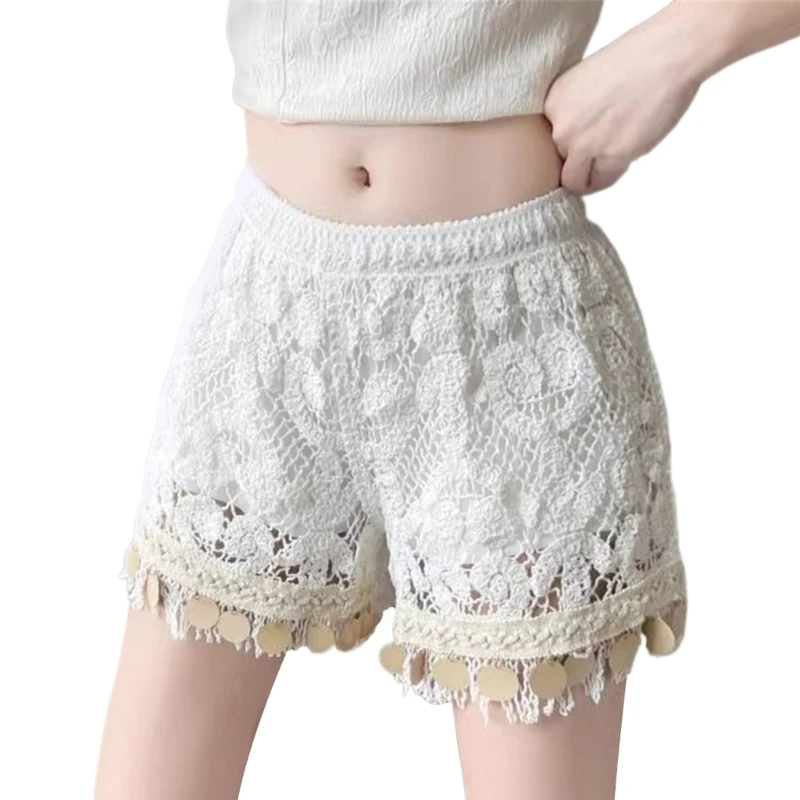 

Women Hollow Out Crochet Knit Wide Leg Shorts Sequins Tassels Loose Beach Pants