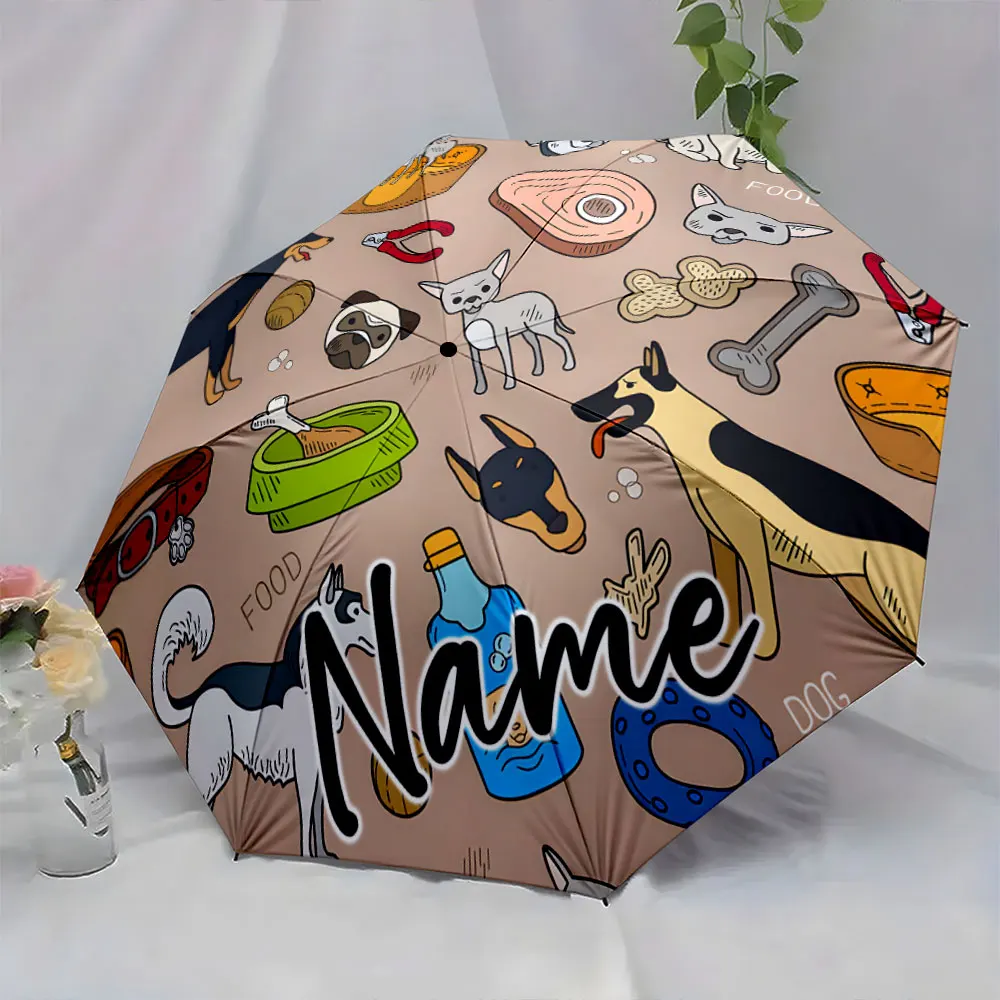 Custom Name Pet-themed umbrella with cartoon designs 8 Iron Ribs Folding Umbrella Auto-Open Fashionable Sunshade Deluxe Gift