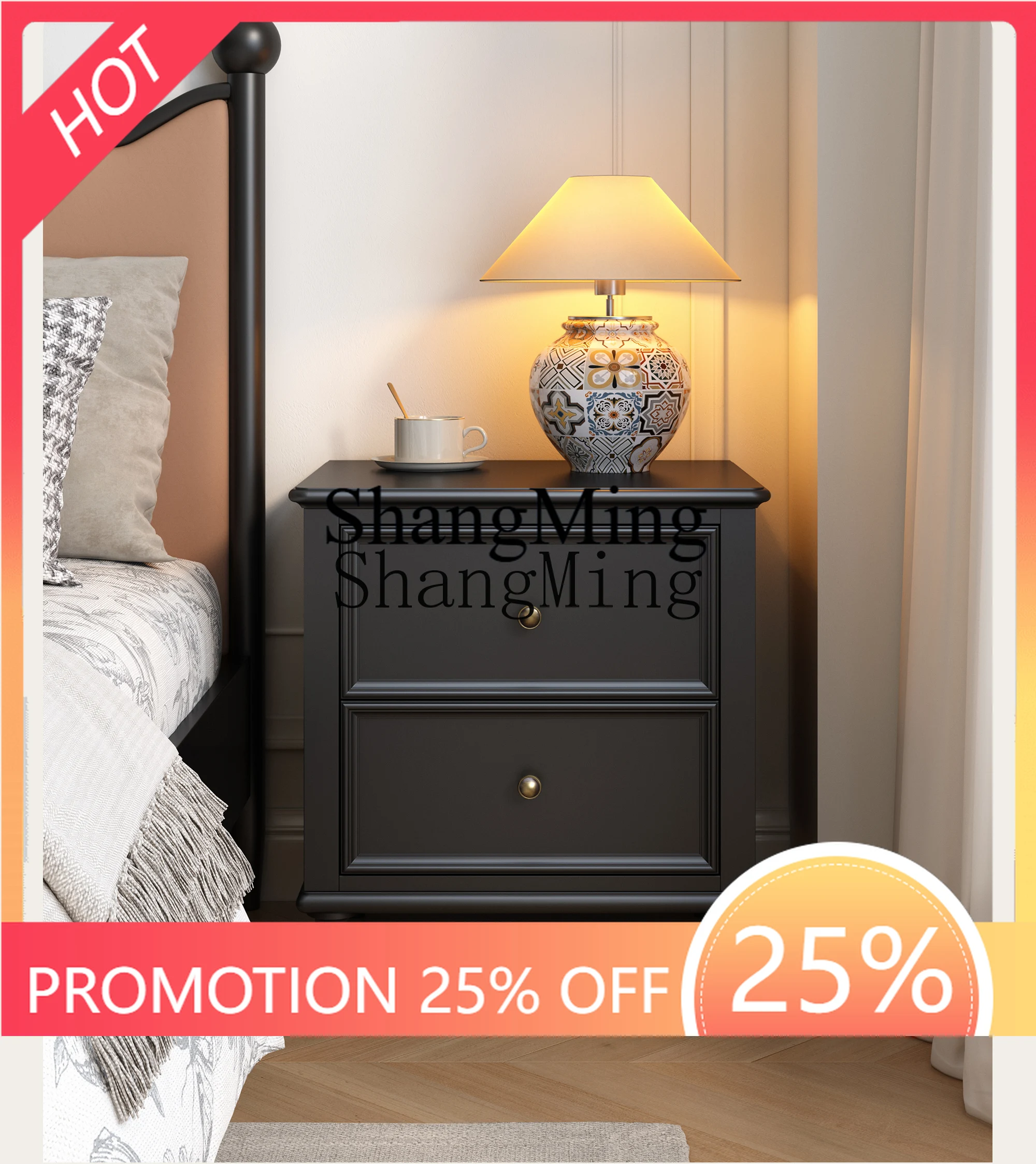 CL household high sense solid wood bedside table black household bedroom retro medium and ancient style bedside storage cabinet