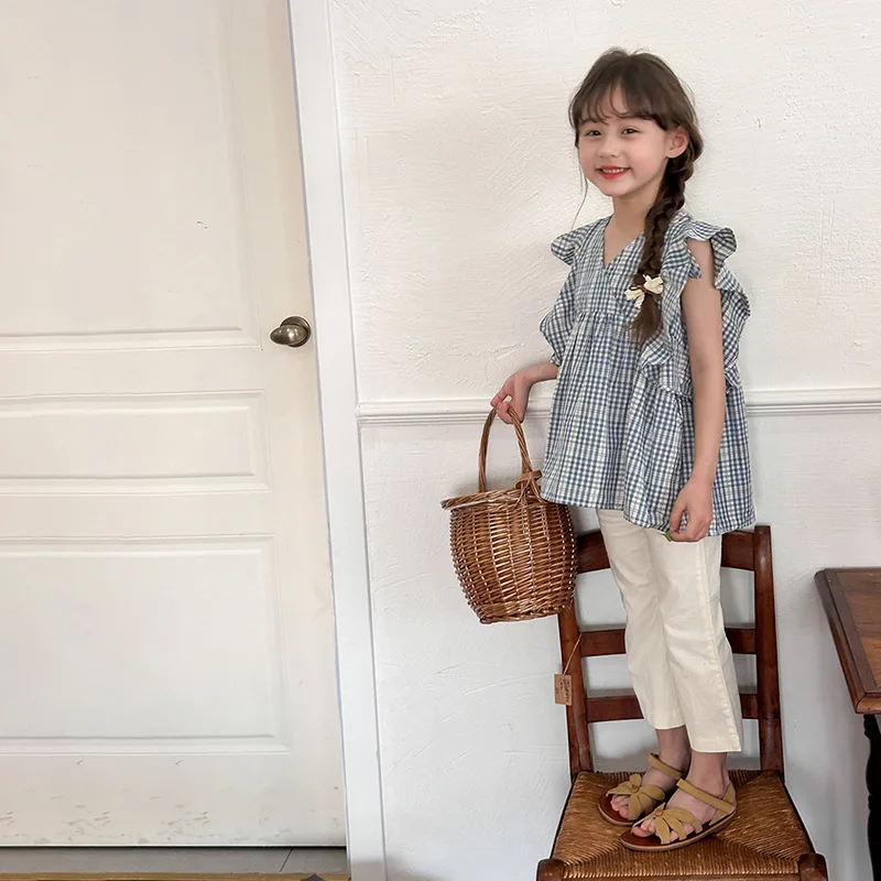 

Girls Blouses 2024 Summer Girls Korean Version Small V-neck Fresh Plaid Lace Flying Sleeve Shirt Top Korean Simple Style Clothes