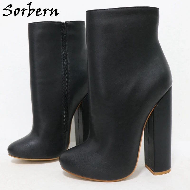 Sorbern Black Matt Block Heel Boots Women For Strephenopodia Short Booties 2Cm Platform Outside 0.5cm Inside 15cm High Heel