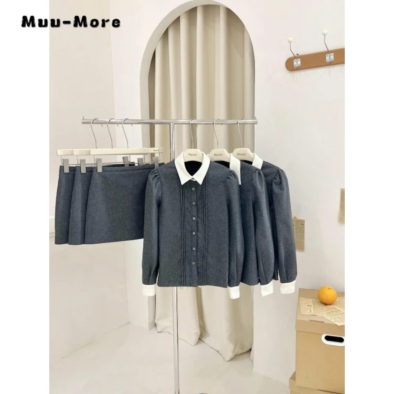 2024 Spring Vintage Elegant Style 2 Piece Set Women Turn Down Collar Shirt +A-line Skirt Office Lady Two Piece Skirt Set Outfits