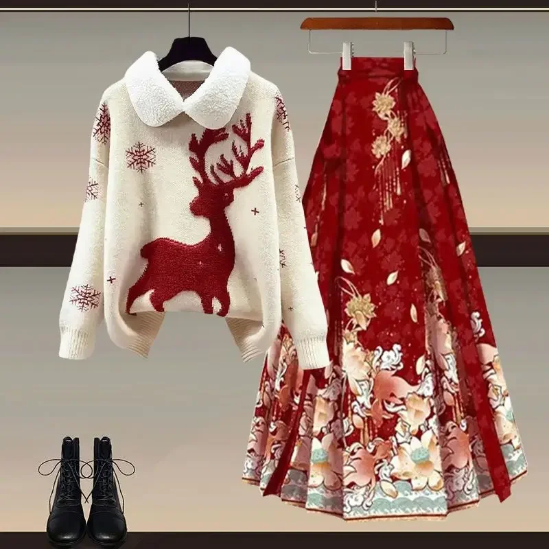 

FC6Autumn And Winter New Year Red Sweater Hanfu New Chinese Clothing Horse Face Skirt Set Elk Print@FC8！