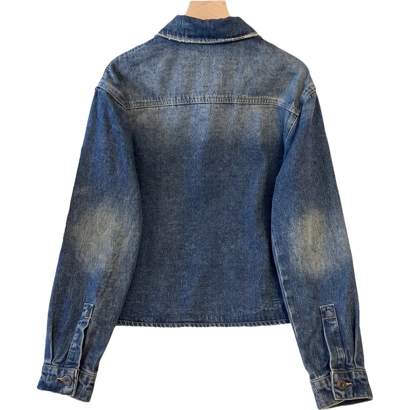 Autumn New Women Fashion Frayed Burrs Vintage Washed Blue Short Denim Jacket Casual Lapel Long Sleeve Jeans Jacket Coat Female
