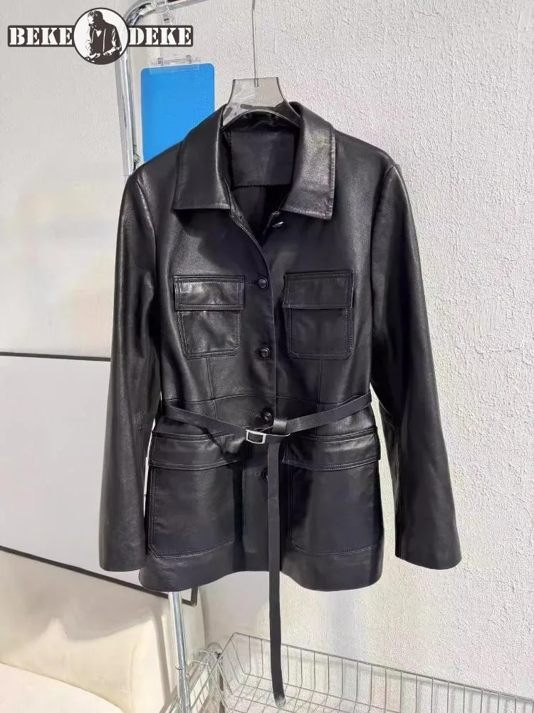 Cappotto da donna in vera pelle da ufficio Giacca a vento auto-coltivazione Cintura che abbraccia la vita Giacca medio lunga in pelle di pecora Casual da donna