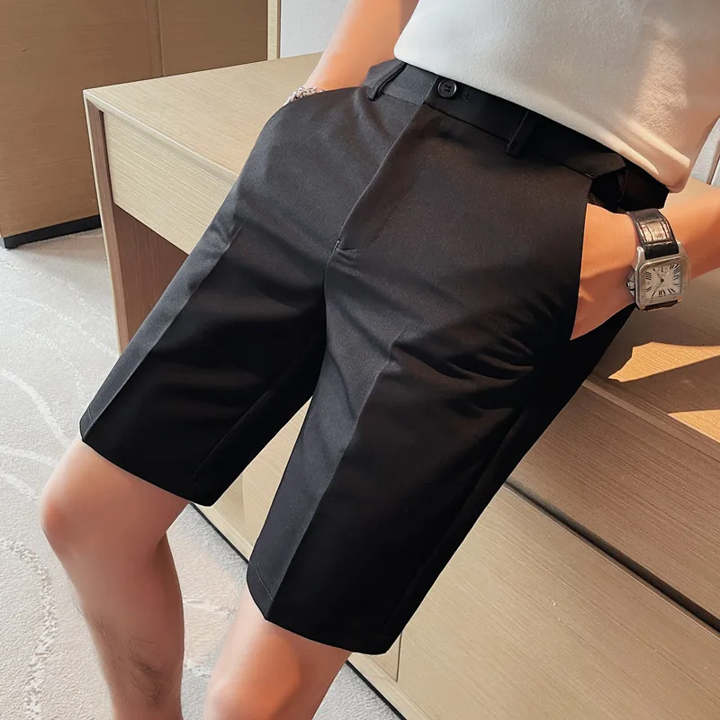 

High Quality Fashion Quarter Pants Men Shorts Summer Business Casual Suit Pants Slim White Breathable Medium Trousers Men's Wear