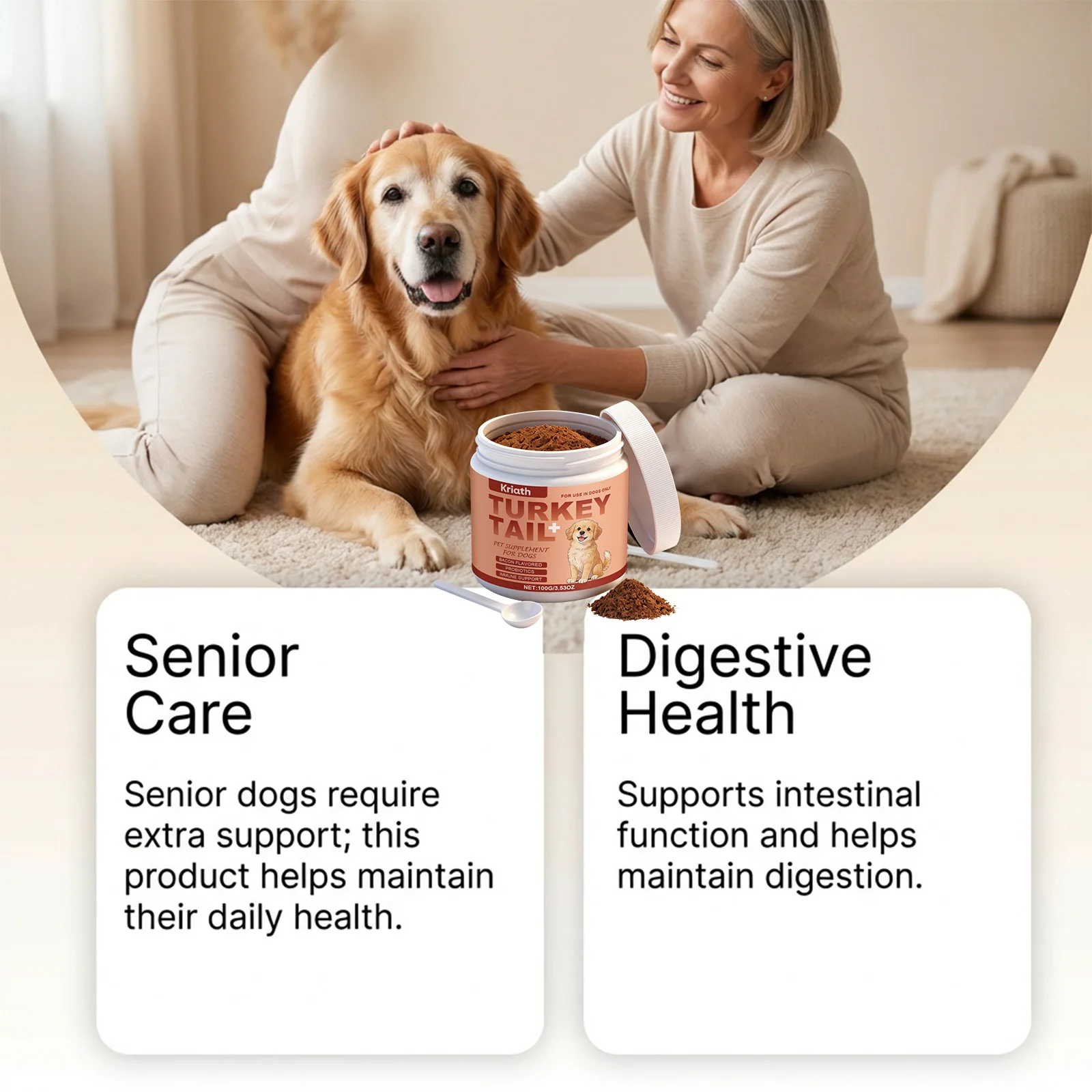 Turkey Tail Mushroom Powder for Dogs, Bacon Flavor Pet Immune Support Joint Hip Gut Health Supplement, Skin Coat Care Powder 6