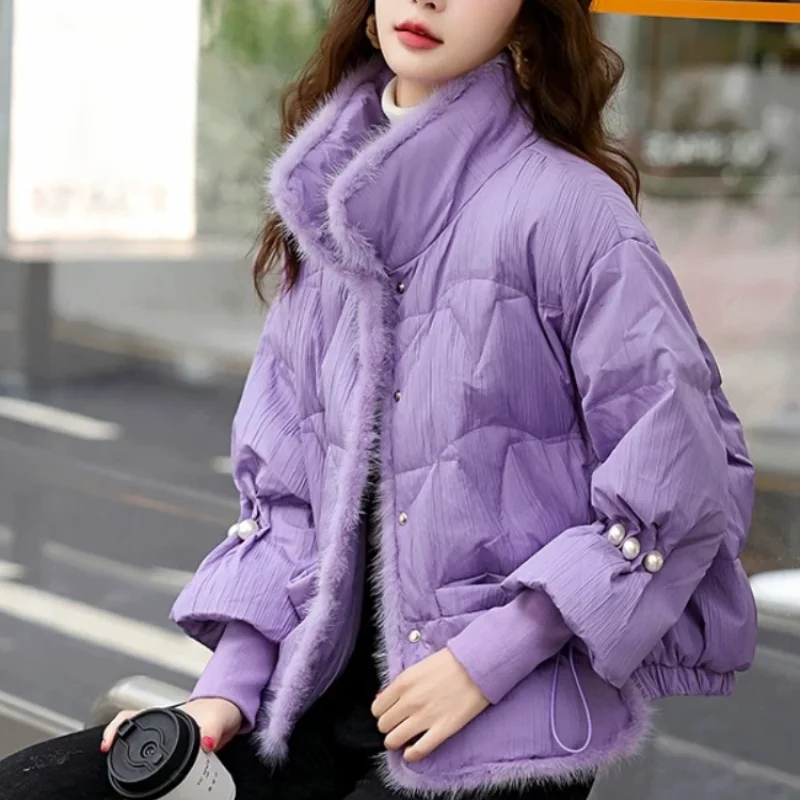 Lightweight Puffer Coats for Women, Standing Collar Outerwear, Luxury Pearls, Short Down Jackets, Winter, New, 2024