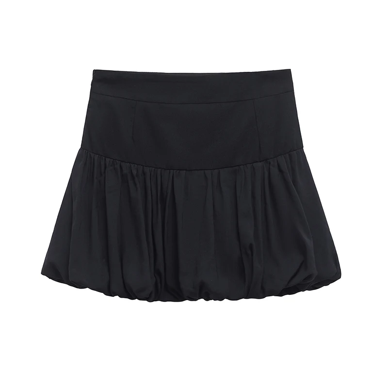 YENKYE New 2025 Women Black Balloon Mini Skirt Vintage High Waist Side Zipper Front Button Fashion faldas Mujer