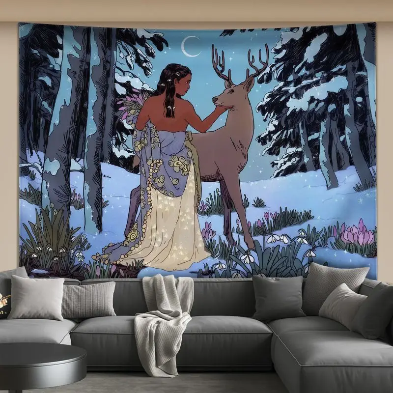 VIKAMA Retro Flower Girl and Lion Art Tapestry, High Definition Wear-Resistant Fabric Wall Hanging for Vintage Living Room