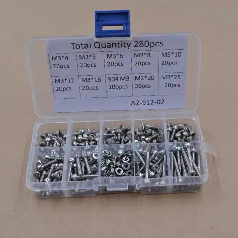 3D Printer Schroef 280 Stks/set M3 Cap Head Hex Socket Bolt Schroef Moer DIN912 Zwart Staal Hexagon Cilinder Bolt Kits