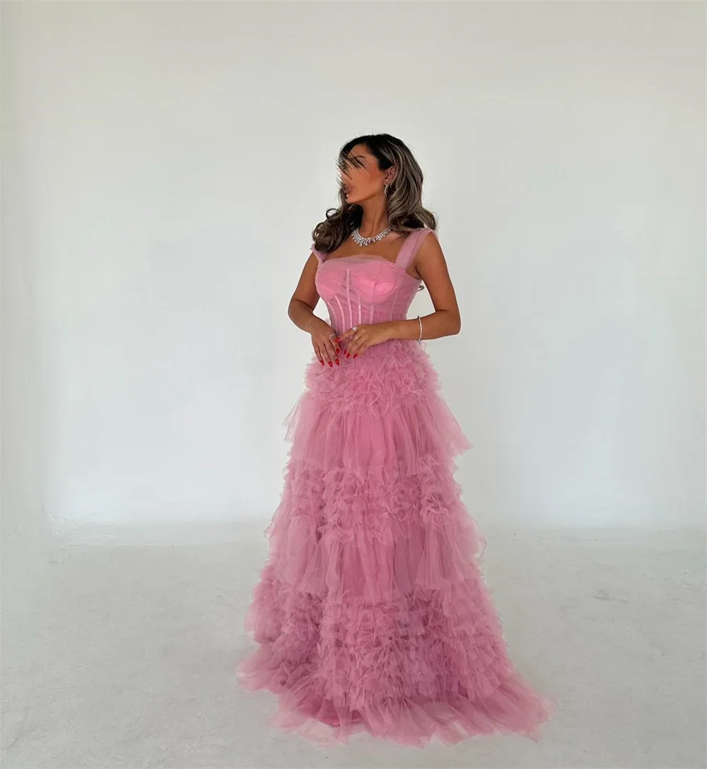 Customized Saudi Arabia Prom Gown Formal Evening Dearin Shoulder Girdle A-line Floor Length Skirts Tulle Bespoke O