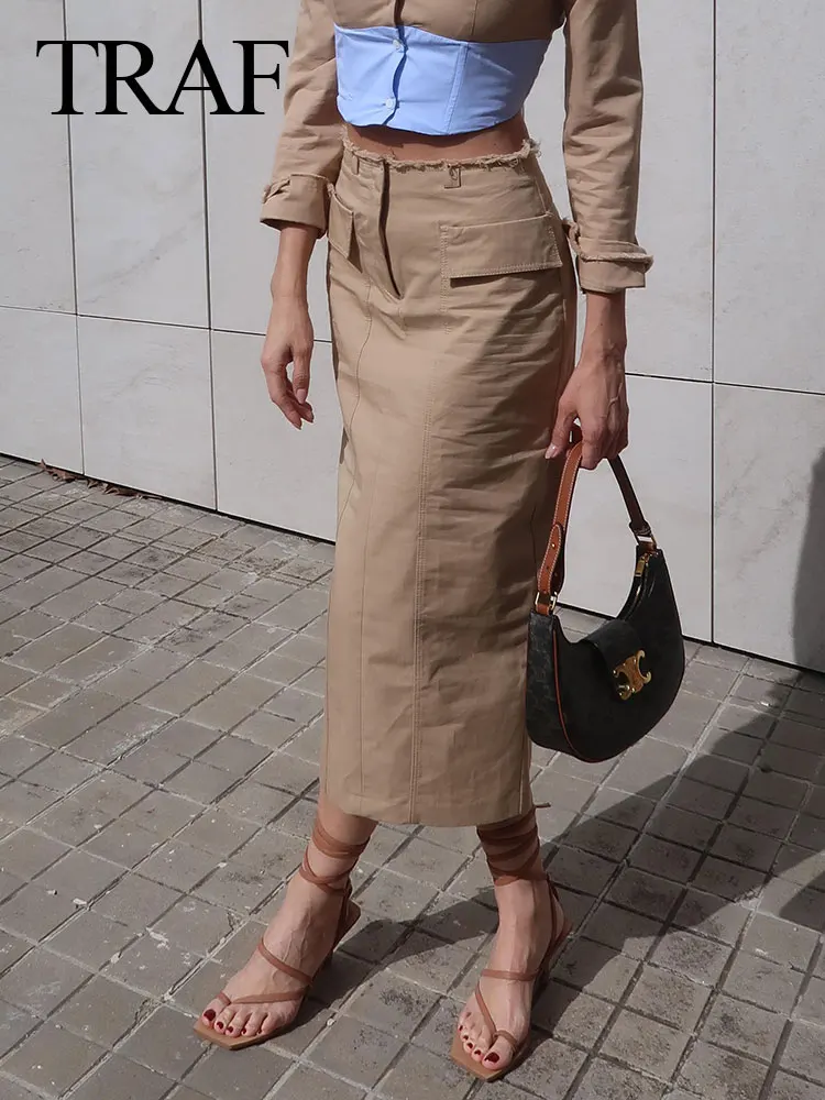 TRAF 2024 Female Skirt Chic High Waist Khaki Back Hem Slit Slim Long Skirts Women\'s Casual Zipper Pocket Woman Skirt Streetwear