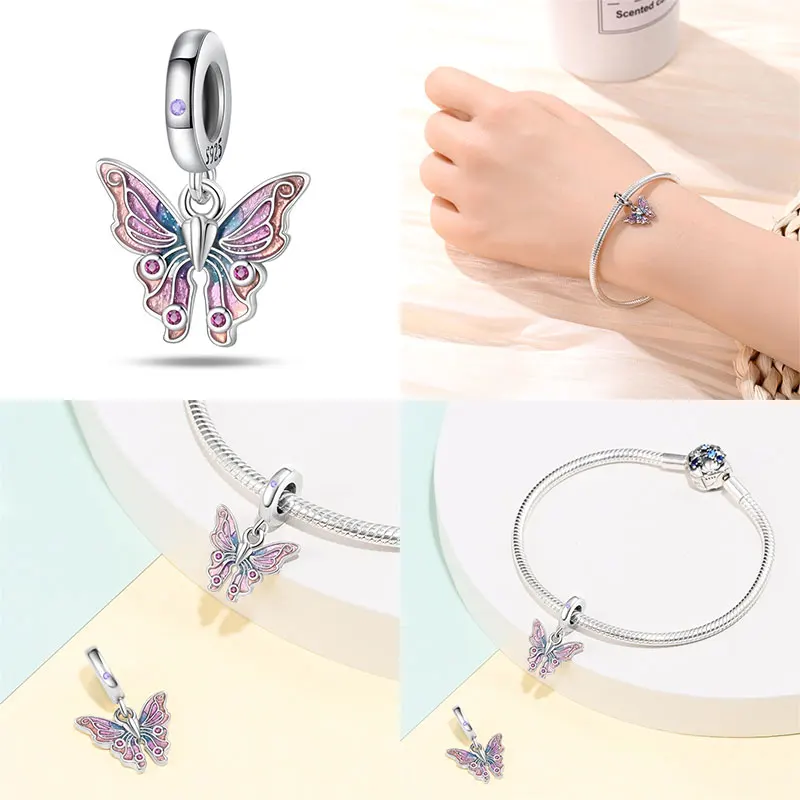 Dijes aptos para pulseras originales Pandora, cuentas de plata 100% 925 con forma de mariposa luminosa, fabricación de joyería DIY para regalo de mujer