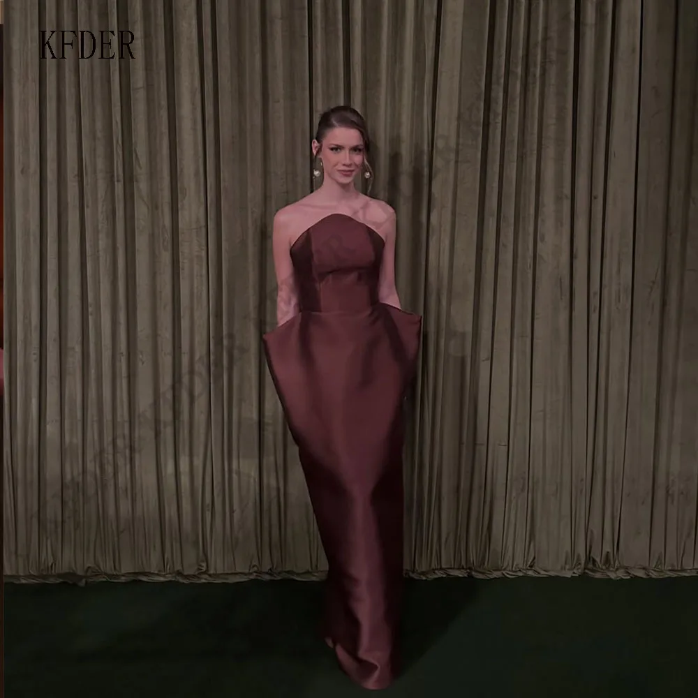 Elegant Satin Graduation Evening Dresses Strapless Dark Brown Sleeveless Prom Dress Beach Women's Dress Customized