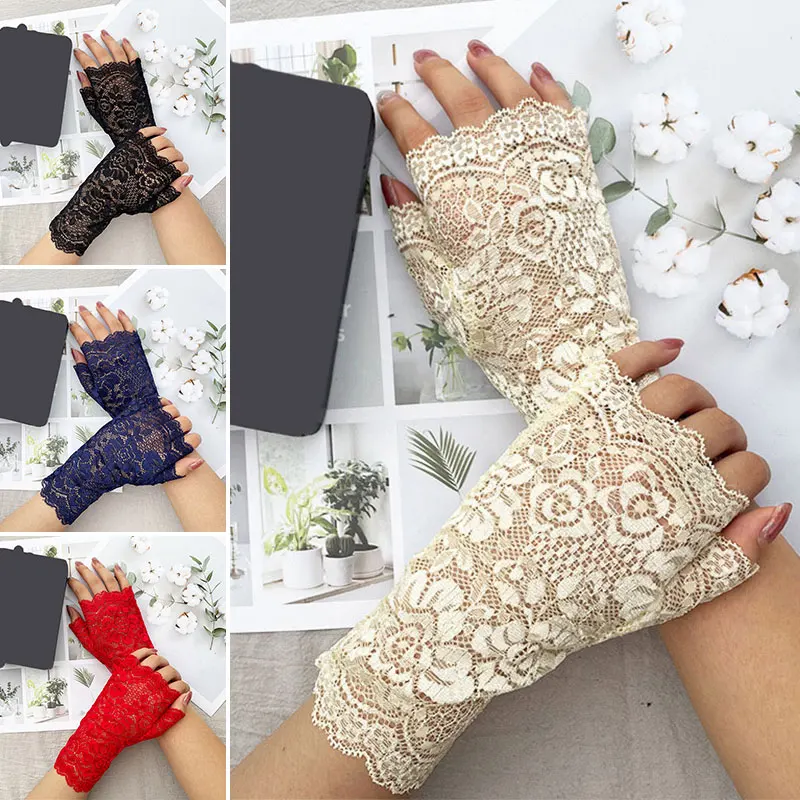 38Styles Hollow Lace Flower Fishnet Fingerless Gloves Elegant Sun Protection Women Mesh Dance Wedding Mitten Hand Decoration