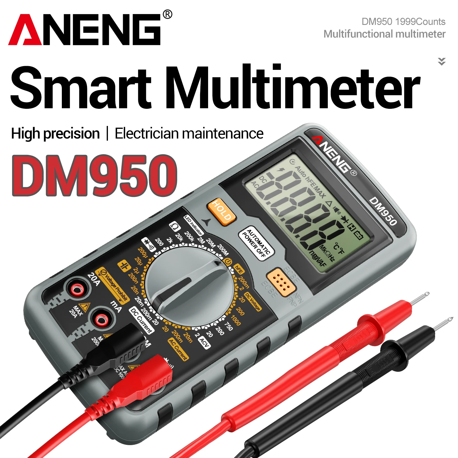 Multímetro digital de alta precisión ANENG DM950 con 1999 lecturas, prueba de transistores hFE, medición de voltaje CA de 750V y corriente CA/CC de 20A