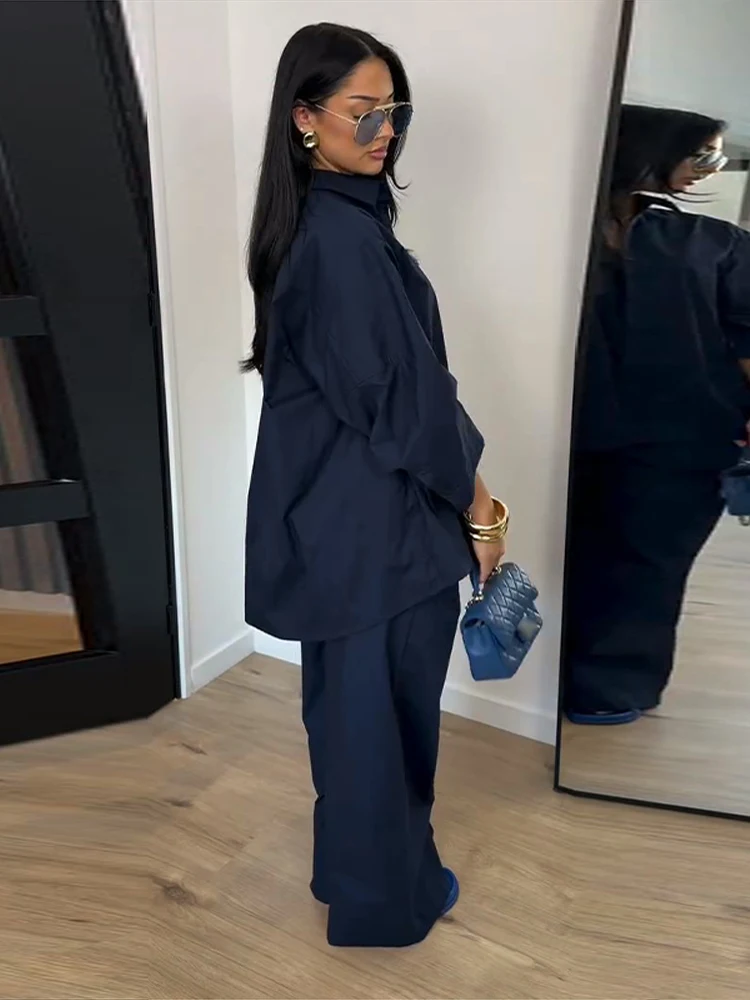 Elegante Damen-Hosenanzüge mit Revers: Oversized Hemd, Langarm-Bluse mit Knopfleiste, Weite Hose, Schickes Einfarbiges Outfit – Detail 32