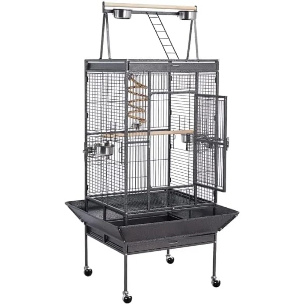 69-inch Wrought Iron Rolling Large Parrot Bird Cage For African Grey Small Quaker Amazon Cockatiel Sun Parakeet Green Cheek Play