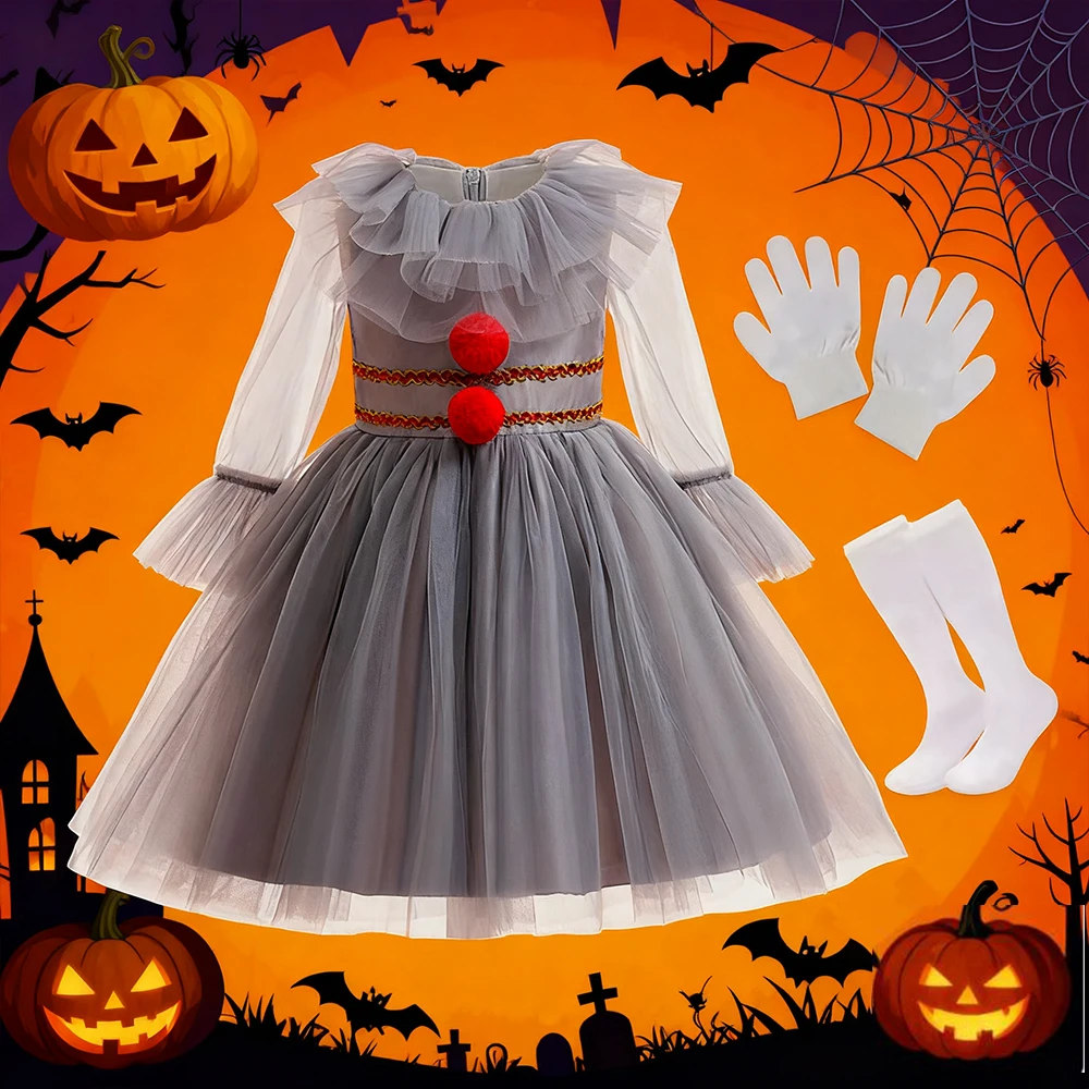 Disfraz de Payaso de Halloween para Niña, Vestido de Cosplay con Guantes y Calcetines, Vestidos de Fiesta de Carnaval para Niñas, Ropa de Juego de Rol de Joker de Terror para Niños