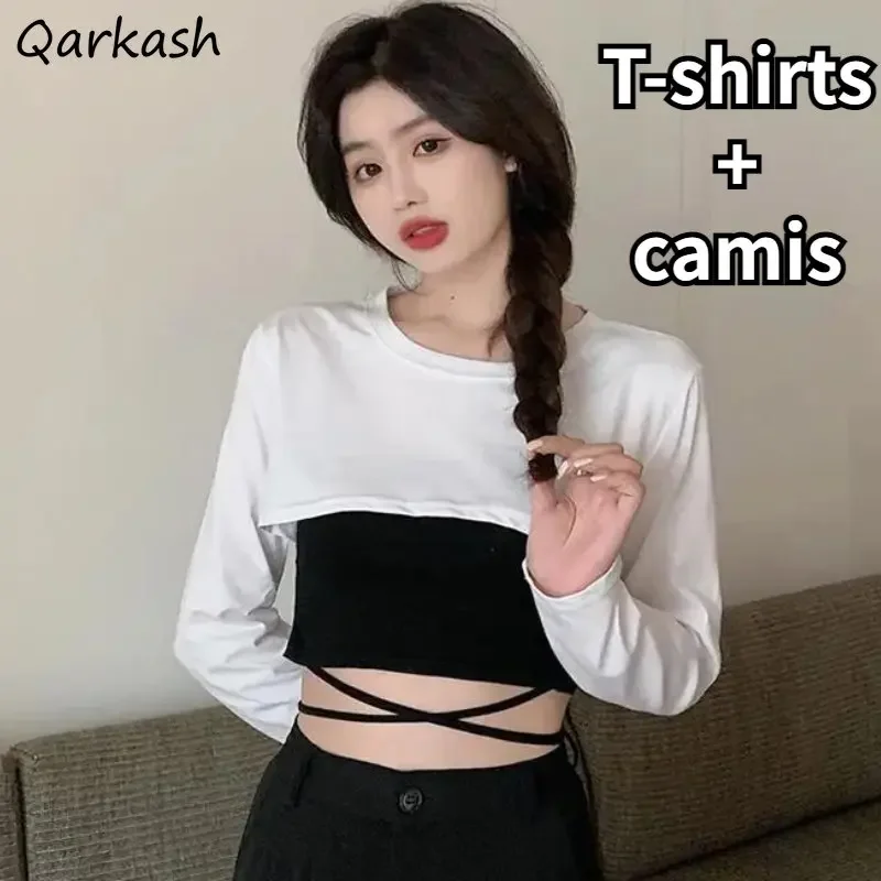 

Комплекты женские футболки с длинным рукавом Hotsweet однотонные майки уличная одежда укороченные топы крутая весна универсальные корейский стиль модные Ins повседневные