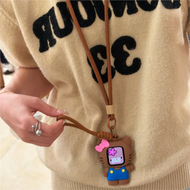 3D Cartoon Black Brown Kitty Lanyard Case For Apple Watch Sport 1/2/3/4/5/6/7/8/9st Gen S10 S11 Ultra SE 38/45/41/44/42/46/49mm view 3