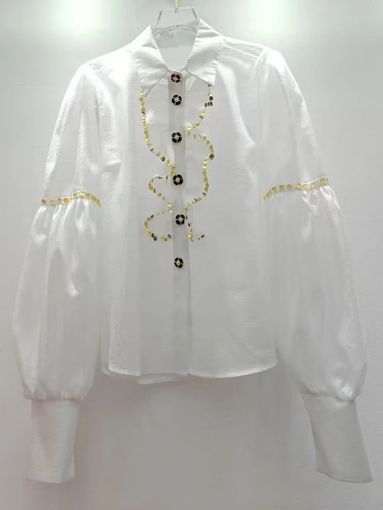

Heavy solid color lapel single-breasted long-sleeved shirt spring 2025 new loose and slim ruffled fashion Joker blouse